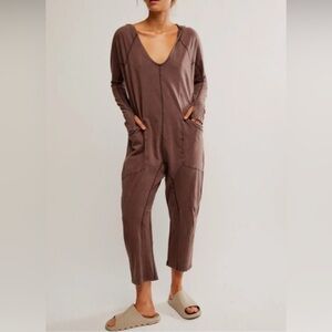 FP Movement by Free People Hot Shot Brown Relaxed V-Neck Jumpsuit